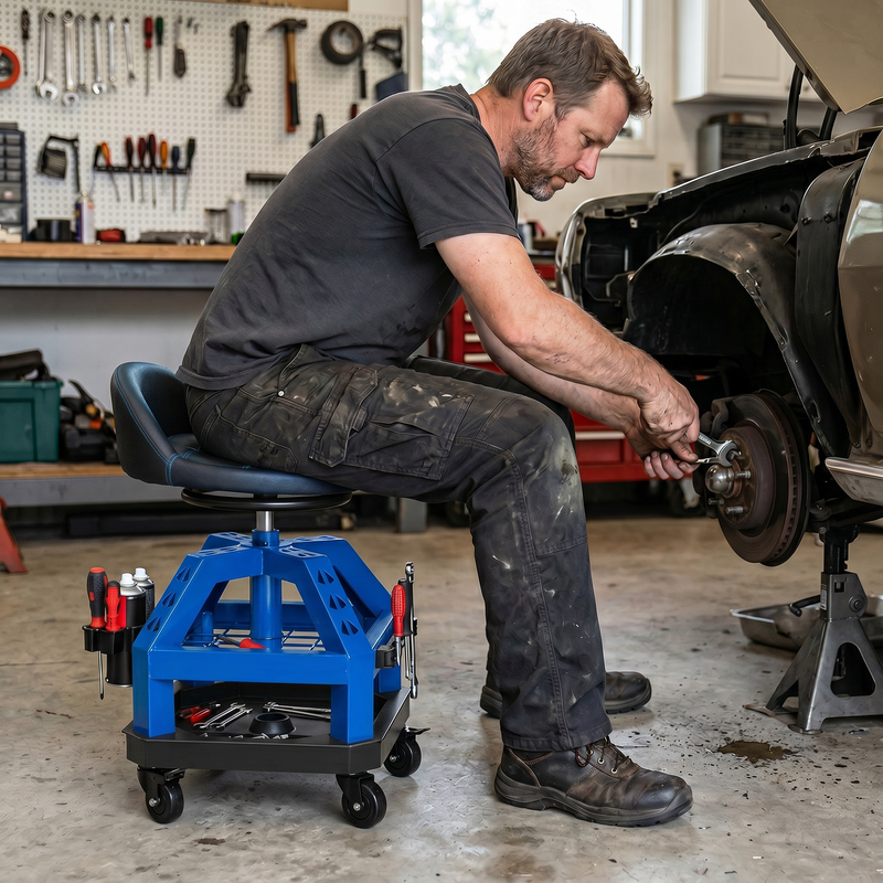 Mechanic sitting on a yellow rolling mechanic stool while working on a car wheel in a garage