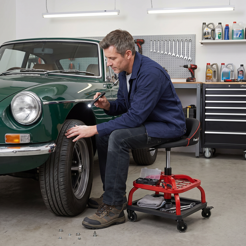 Mechanic sitting on a yellow rolling mechanic stool while working on a car wheel in a garage