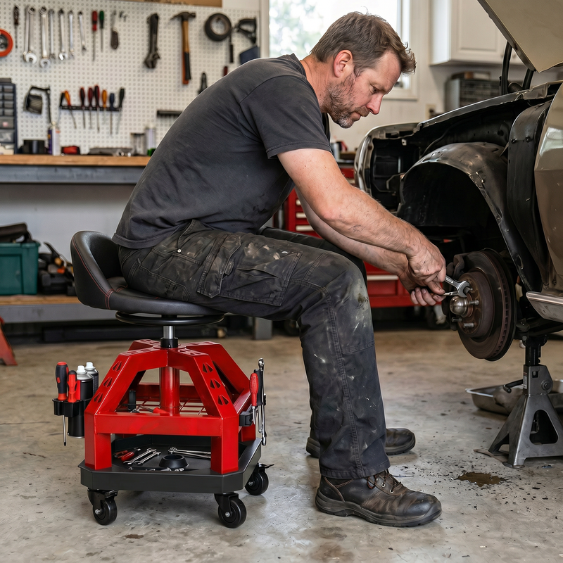 Mechanic sitting on a yellow rolling mechanic stool while working on a car wheel in a garage