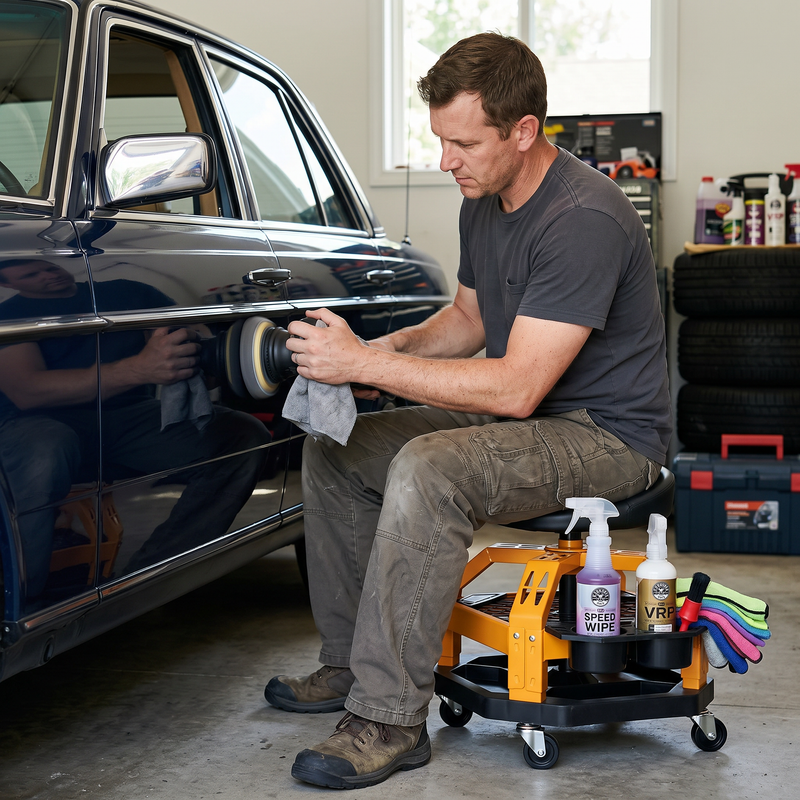 Mechanic sitting on a yellow rolling mechanic stool while working on a car wheel in a garage