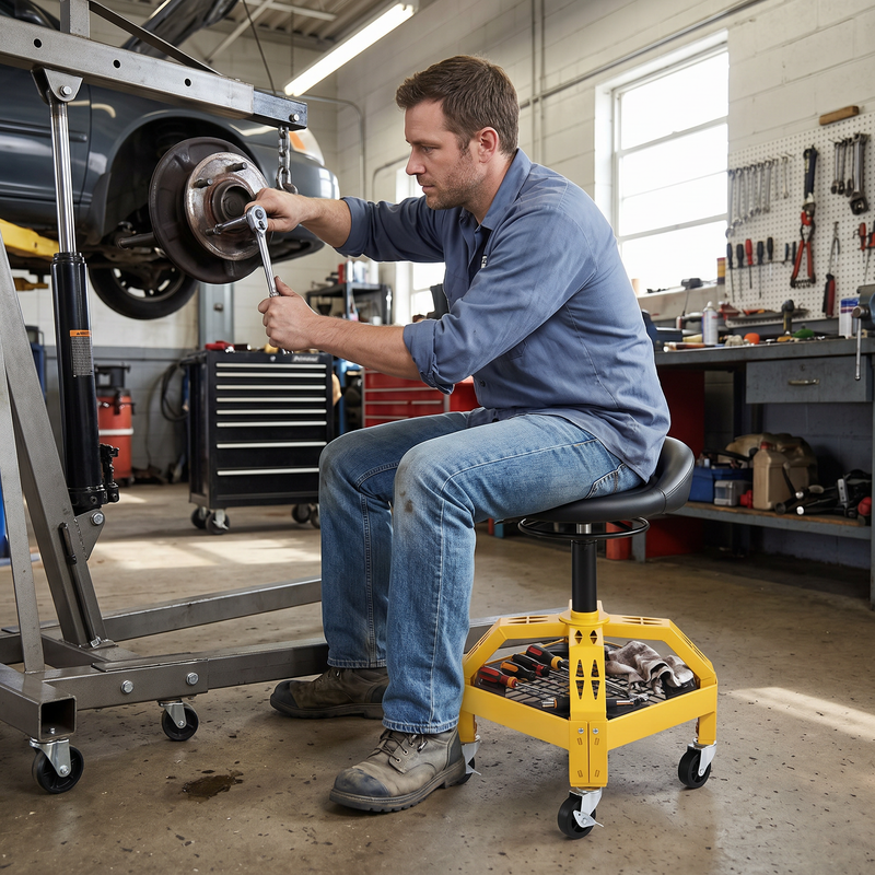 Mechanic sitting on a yellow rolling mechanic stool while working on a car wheel in a garage