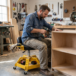 Mechanic sitting on a yellow rolling mechanic stool while working on a car wheel in a garage