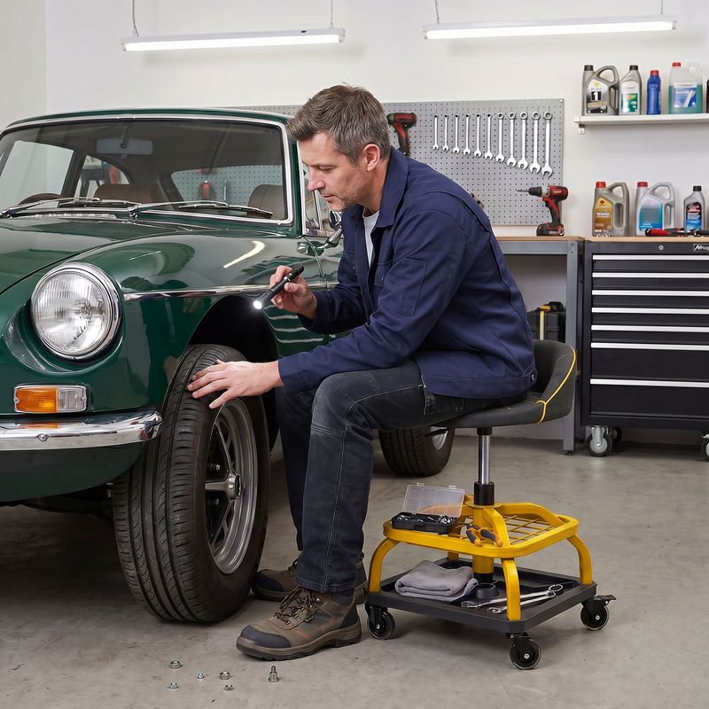 Mechanic sitting on a yellow rolling mechanic stool while working on a car wheel in a garage