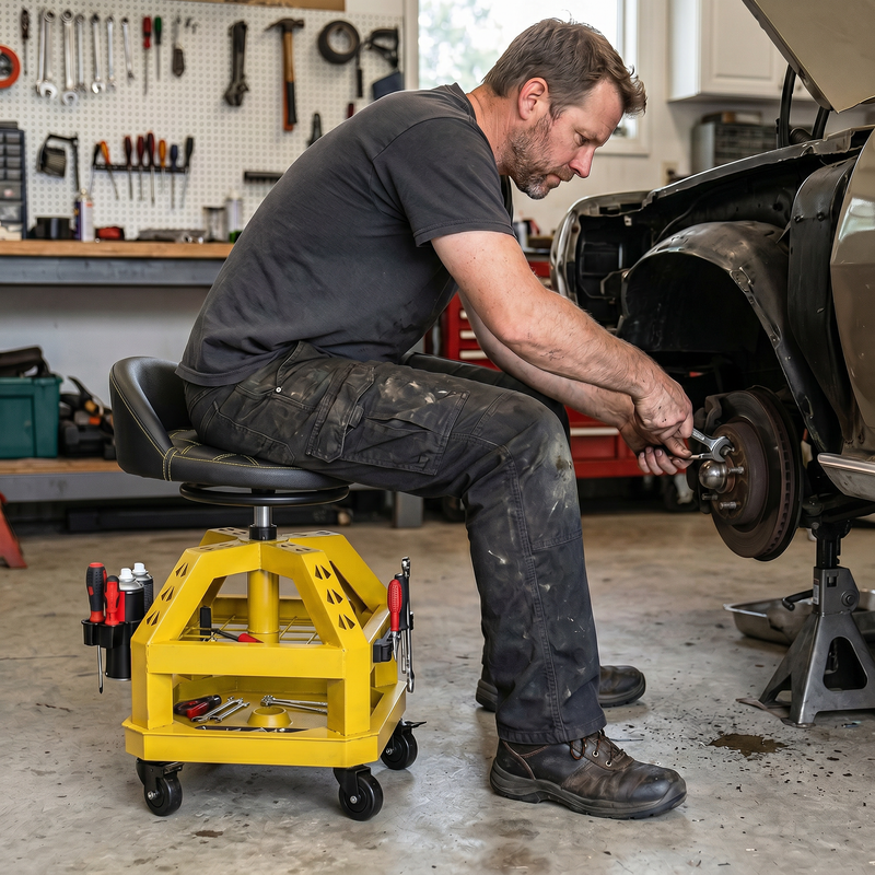 Mechanic sitting on a yellow rolling mechanic stool while working on a car wheel in a garage
