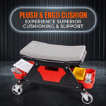 Rolling mechanic stool with a soft padded seat and steel support frame rated for 300 lbs