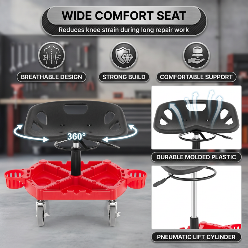 Rolling mechanic stool with a soft padded seat and steel support frame rated for 300 lbs