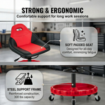 Rolling mechanic stool with a soft padded seat and steel support frame rated for 300 lbs