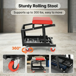 Rolling mechanic stool with a soft padded seat and steel support frame rated for 300 lbs