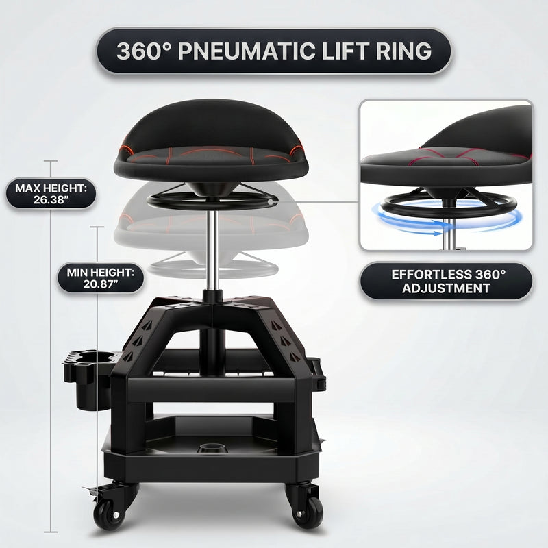 Diagram of the mechanic stool's pneumatic lift showing height adjustment from 20.87 to 26.38 inches