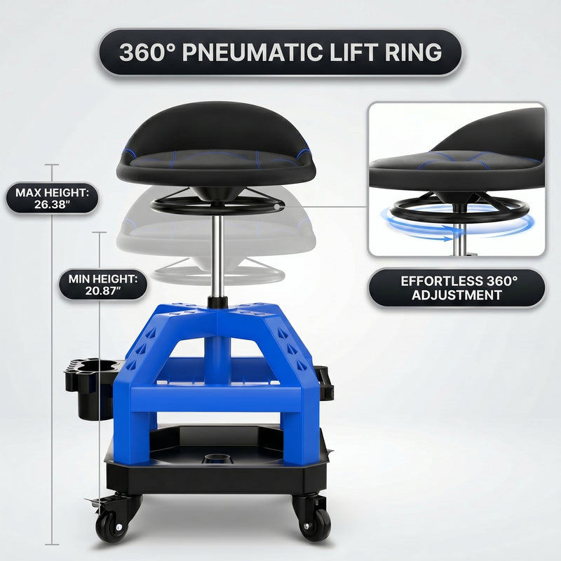 Diagram of the mechanic stool's pneumatic lift showing height adjustment from 20.87 to 26.38 inches