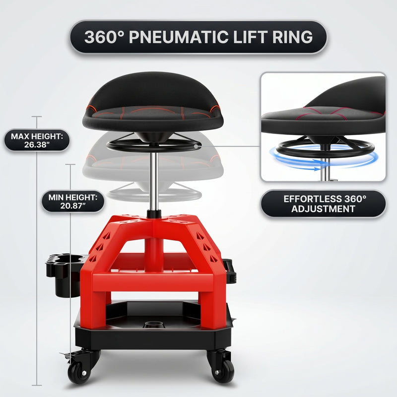 Diagram of the mechanic stool's pneumatic lift showing height adjustment from 20.87 to 26.38 inches