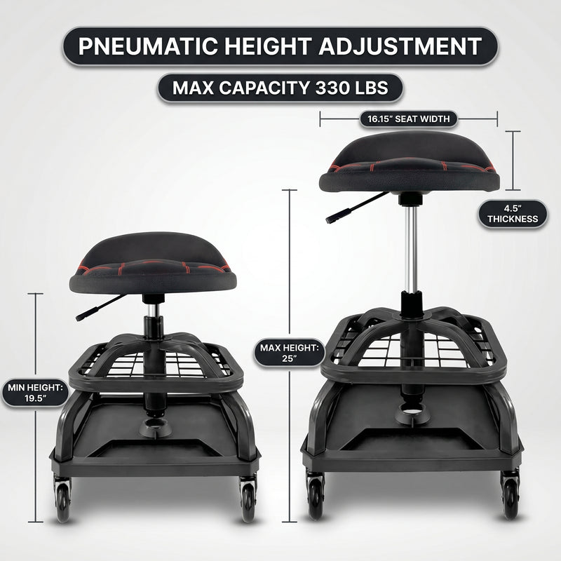 Diagram of the mechanic stool showing 16-inch seat depth, 4-inch backrest, and 26.38-inch max height
