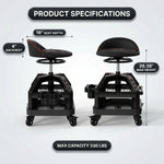 Diagram of the mechanic stool showing 16-inch seat depth, 4-inch backrest, and 26.38-inch max height