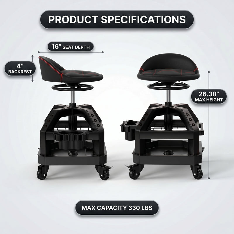 Diagram of the mechanic stool showing 16-inch seat depth, 4-inch backrest, and 26.38-inch max height