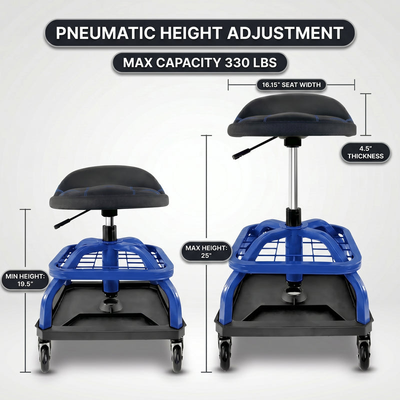 Diagram of the mechanic stool showing 16-inch seat depth, 4-inch backrest, and 26.38-inch max height