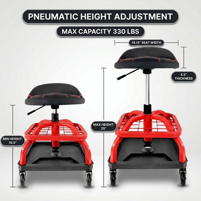 Diagram of the mechanic stool showing 16-inch seat depth, 4-inch backrest, and 26.38-inch max height