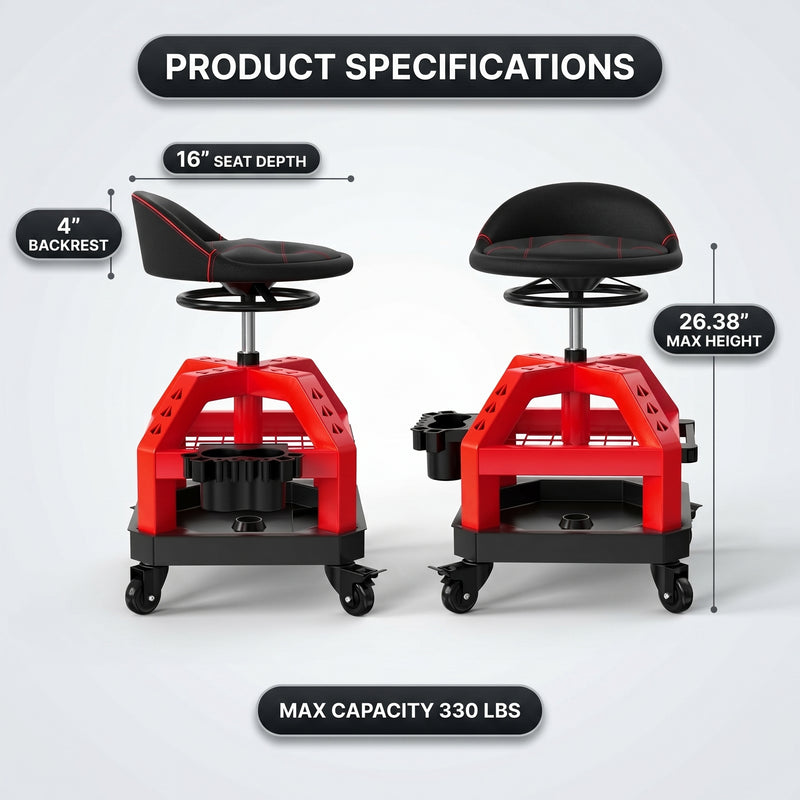 Diagram of the mechanic stool showing 16-inch seat depth, 4-inch backrest, and 26.38-inch max height