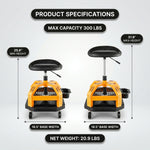 Diagram of the mechanic stool showing 16-inch seat depth, 4-inch backrest, and 26.38-inch max height