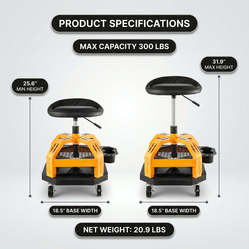 Diagram of the mechanic stool showing 16-inch seat depth, 4-inch backrest, and 26.38-inch max height