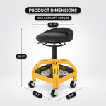 Diagram of the mechanic stool showing 16-inch seat depth, 4-inch backrest, and 26.38-inch max height