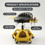 Diagram of the mechanic stool showing 16-inch seat depth, 4-inch backrest, and 26.38-inch max height