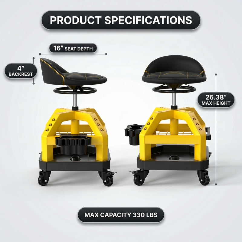Diagram of the mechanic stool showing 16-inch seat depth, 4-inch backrest, and 26.38-inch max height