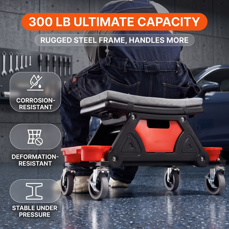 Rolling mechanic stool with five swivel casters two fitted with locking brakes