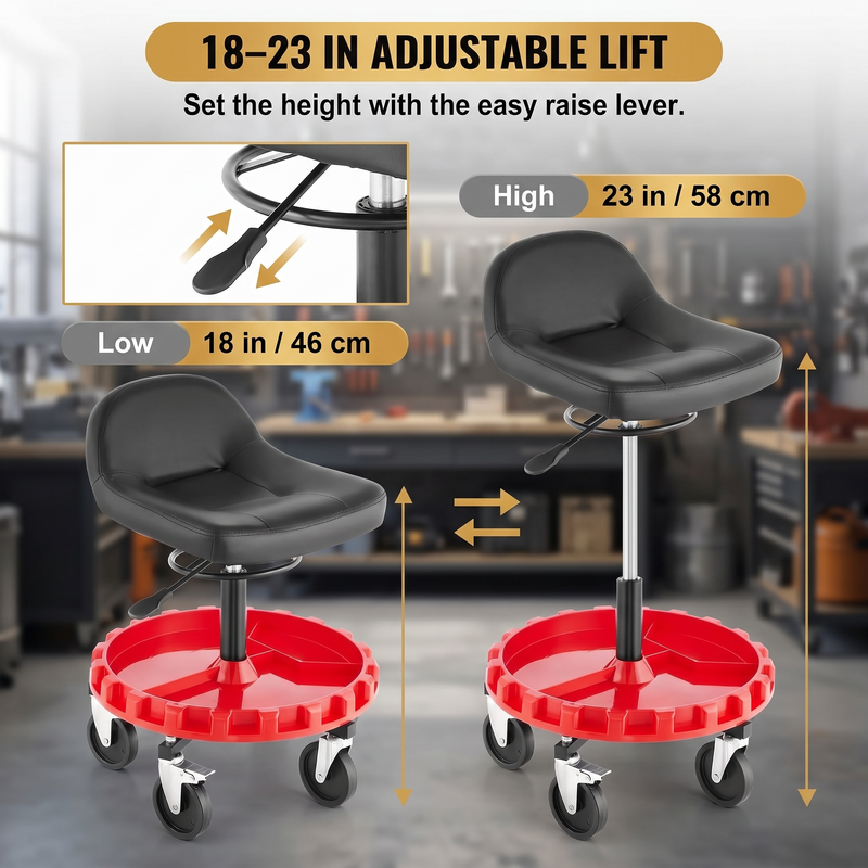 Rolling mechanic stool with five swivel casters two fitted with locking brakes