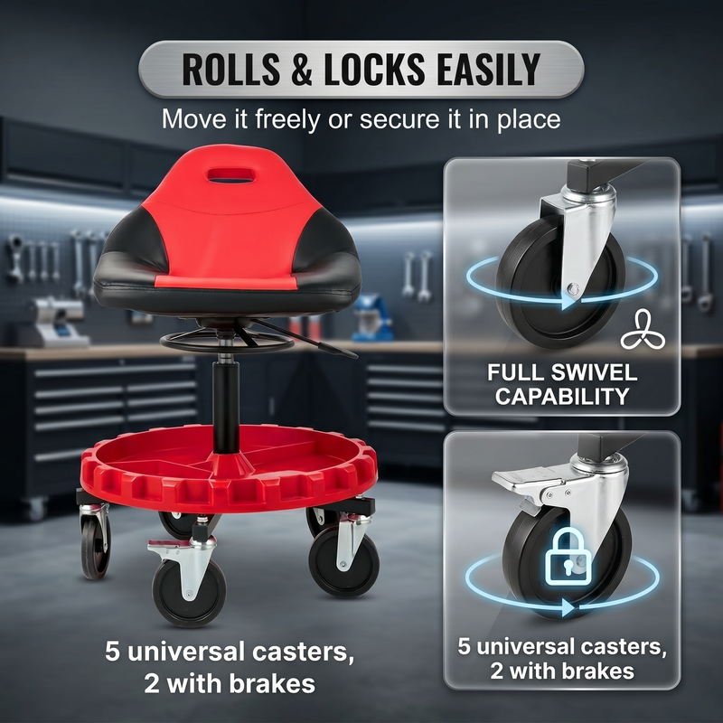 Rolling mechanic stool with five swivel casters two fitted with locking brakes