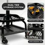 Close-up of the mechanic stool's tool tray showing the detachable bottle tray and magnetic tool holder