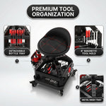 Close-up of the mechanic stool's tool tray showing the detachable bottle tray and magnetic tool holder