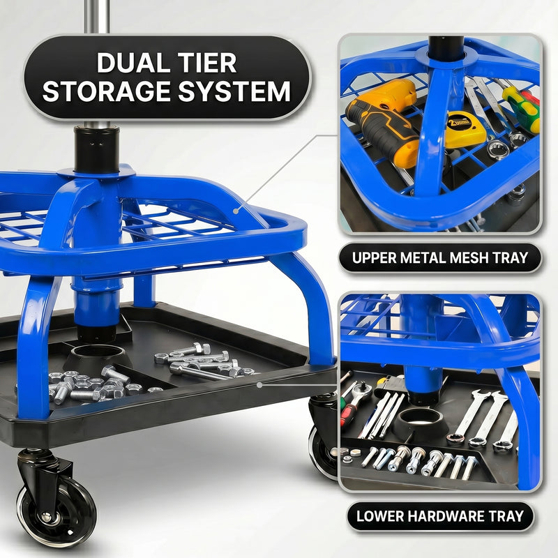 Close-up of the mechanic stool's tool tray showing the detachable bottle tray and magnetic tool holder