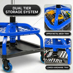 Close-up of the mechanic stool's tool tray showing the detachable bottle tray and magnetic tool holder