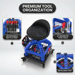 Close-up of the mechanic stool's tool tray showing the detachable bottle tray and magnetic tool holder