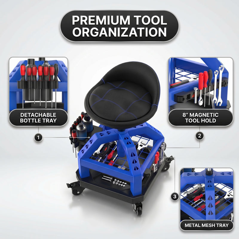 Close-up of the mechanic stool's tool tray showing the detachable bottle tray and magnetic tool holder