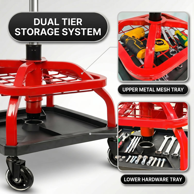 Close-up of the mechanic stool's tool tray showing the detachable bottle tray and magnetic tool holder