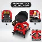 Close-up of the mechanic stool's tool tray showing the detachable bottle tray and magnetic tool holder