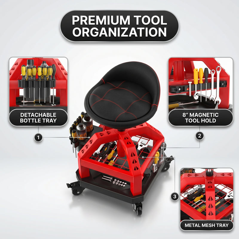 Close-up of the mechanic stool's tool tray showing the detachable bottle tray and magnetic tool holder