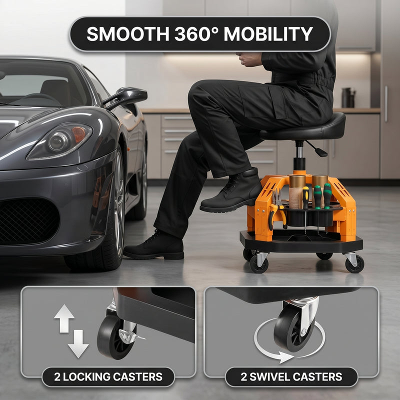 Close-up of the mechanic stool's tool tray showing the detachable bottle tray and magnetic tool holder