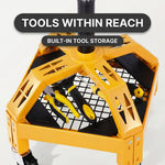 Close-up of the mechanic stool's tool tray showing the detachable bottle tray and magnetic tool holder