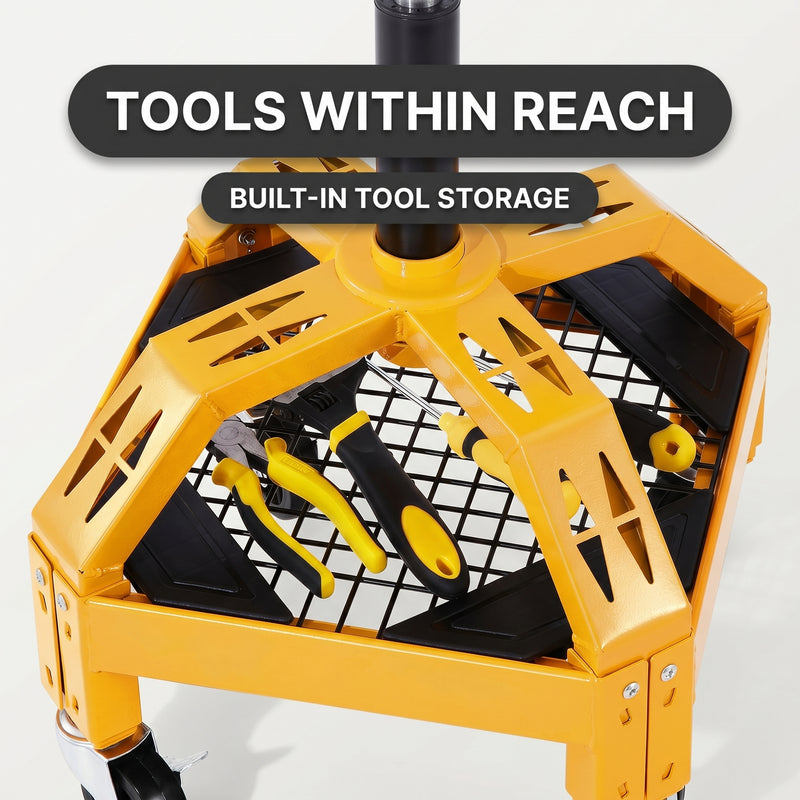 Close-up of the mechanic stool's tool tray showing the detachable bottle tray and magnetic tool holder