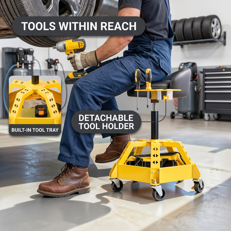 Close-up of the mechanic stool's tool tray showing the detachable bottle tray and magnetic tool holder