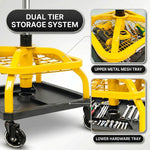 Close-up of the mechanic stool's tool tray showing the detachable bottle tray and magnetic tool holder