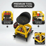 Close-up of the mechanic stool's tool tray showing the detachable bottle tray and magnetic tool holder