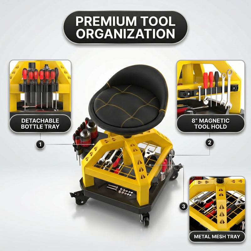 Close-up of the mechanic stool's tool tray showing the detachable bottle tray and magnetic tool holder