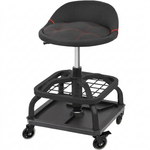 Yellow rolling mechanic stool with magnetic tool tray shown from the front on a plain background