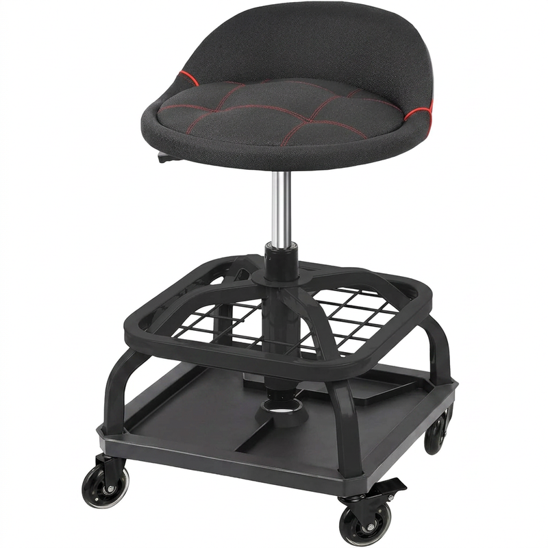 Yellow rolling mechanic stool with magnetic tool tray shown from the front on a plain background
