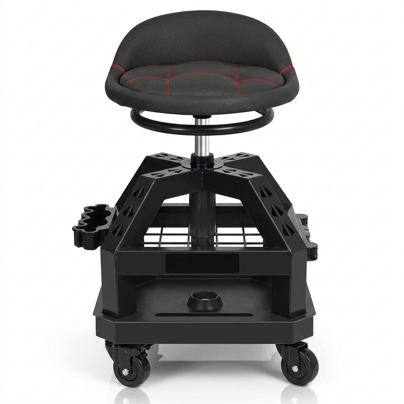Yellow rolling mechanic stool with magnetic tool tray shown from the front on a plain background