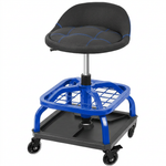 Yellow rolling mechanic stool with magnetic tool tray shown from the front on a plain background