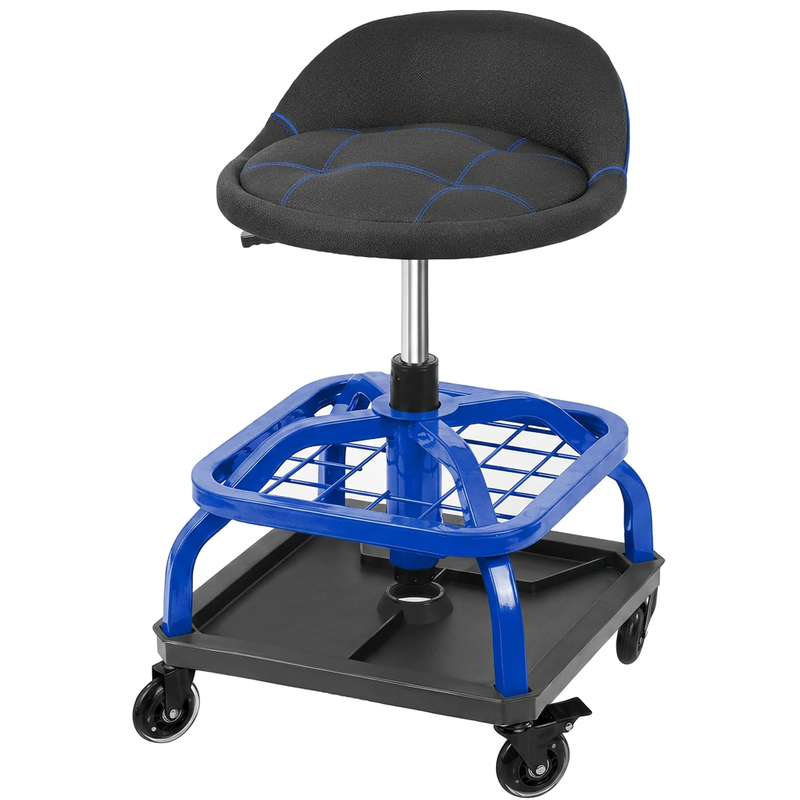 Yellow rolling mechanic stool with magnetic tool tray shown from the front on a plain background